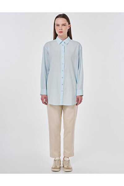 Kayra 100% Cotton Shirt Collar Buttoned Relaxed Fit Long Tunic