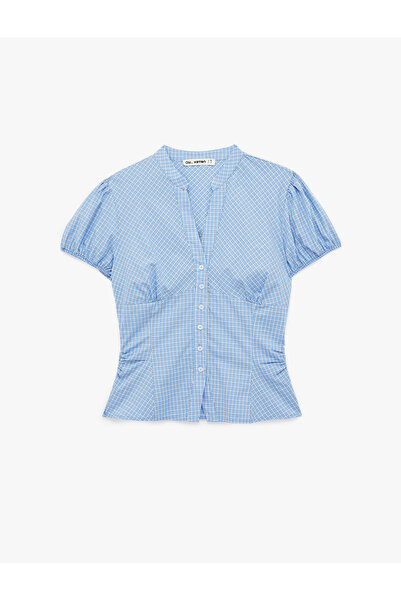 Koton Pamuklu Slim Fit Poplin Balon Kollu V Yaka Gömlek