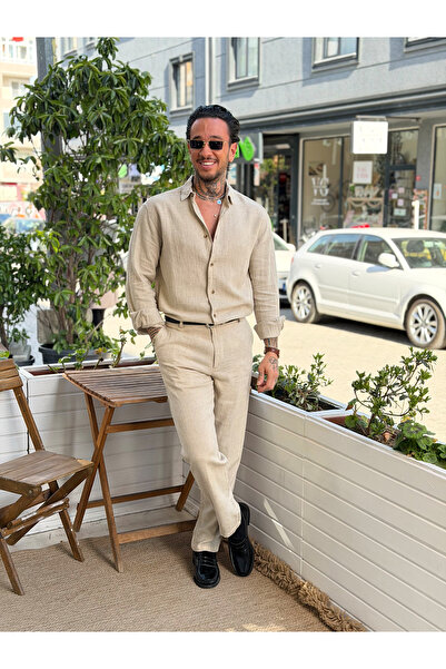manch collection Regular Fit Linen Shirt and Trousers Set Cream