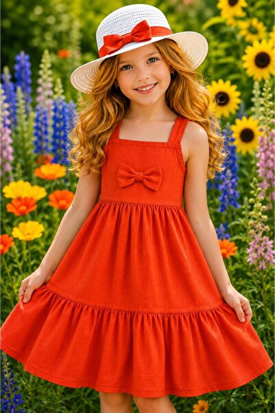 KOZADANKIDS Şapkalı Kız Çocuk Pamuklu yazlık Elbise 4-9 yaş ( FUŞYA VE TURUNCU )