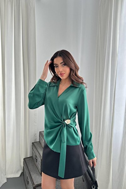 ozelia Green Button Detailed Satin Blouse