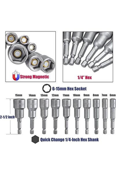 Choice 6mm-15mm 6mm-15mm impact Socket Magnetic Nut Screwdriver 1/4 hex key s...