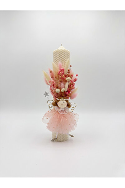 OEM Baptism candle for girls made of natural beeswax – decorated with dried f...