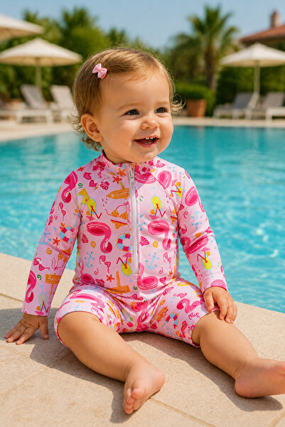 Beniizle Patterned Zippered Unisex Baby Swimsuit