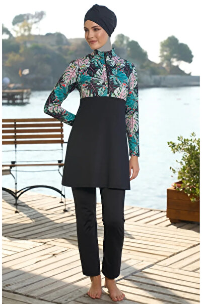 sefamerve Flora Patterned Skirted Boneli Hijab Swimsuit 25937-01 Black