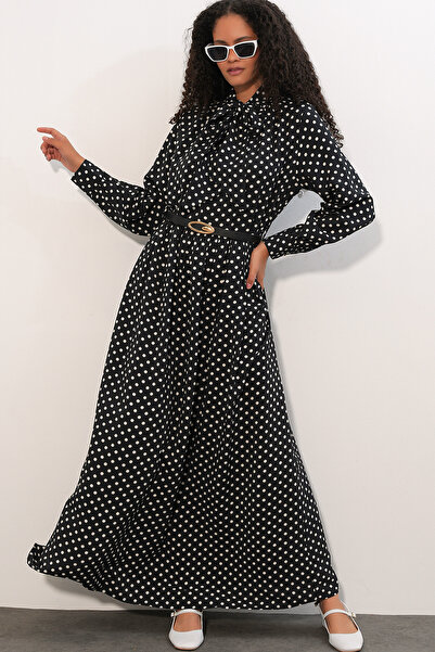 Bigdart Women's Belted Polka Dot Hijab Dress 2613 - Black