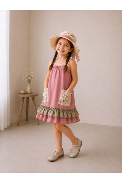 zepkids Girl's Dress with Pockets and Ruffle Detail, Powder Color, Summer Model