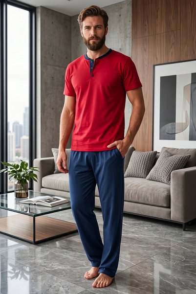 Bravie Men's Buttoned Collar Solid Color Short Sleeve Slim Pajama Set Claret Red