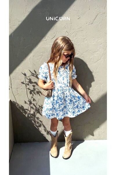Generic Blue Flower Dress Çiçekli Kız Çocuk Yazlık Keten Elbise