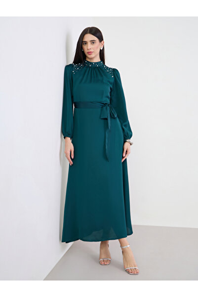 Styli Teal Embellished Yoke Satin Maxi Dress