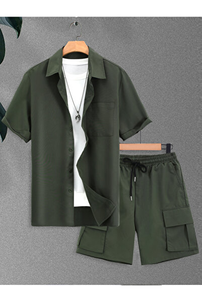 Take Two By Styli Men Khaki Solid Short Sleeve Shirt and Shorts Co-Ords