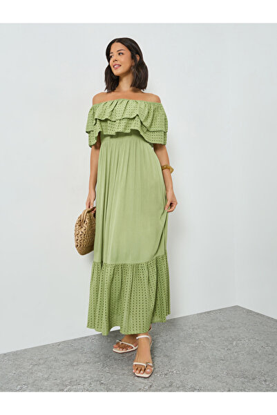 Styli Olive Cotton Schiffli Off-Shoulder Maxi Dress