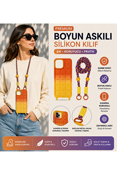 Nettech iPhone 15 Pro Premium Boyun Askılı Silikon Kılıf Kamera Korumalı