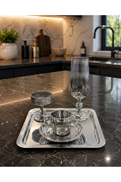 isra kristal Velvet Silver Coffee Presentation Set with Tray, Coffee Cup, Tur...