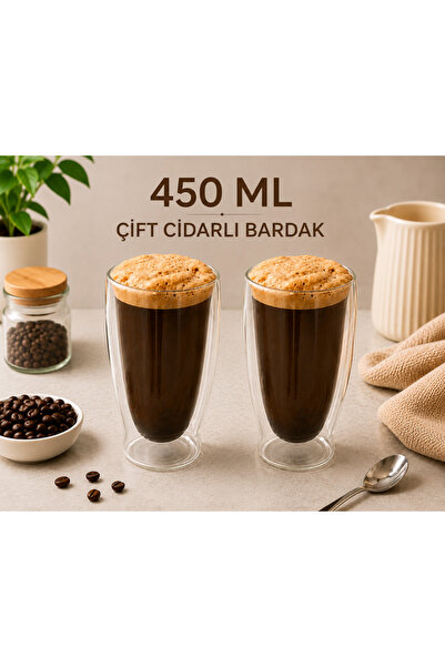 ARVALE Velmora 2 Adet 450 ml Çift Cidarlı Cam Bardak – Sıcak & Soğuk İçecek S...