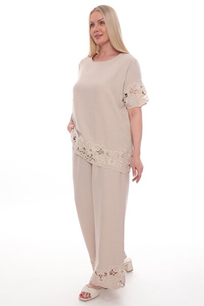 zitex Linen-Looking Plus Size Top and Bottom Set with Detailed Shellfish Embe...