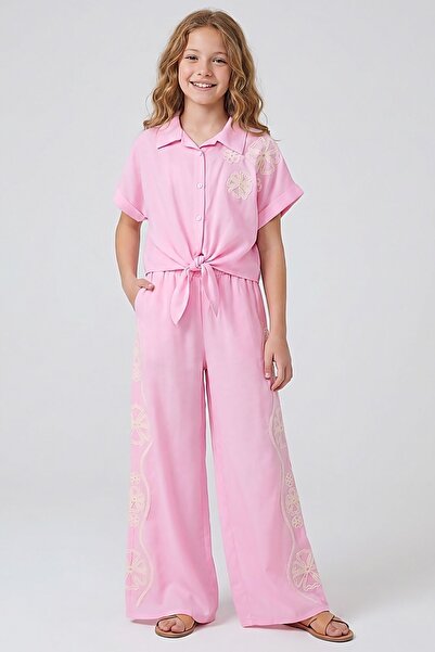 ww waka waka kids store Girl's Embroidered Tie-Up Shirt and Wide-Leg Pants Tw...