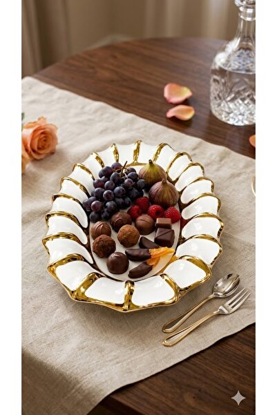 Sembol 36X22 cm Oval Presentation Plate White-Gold