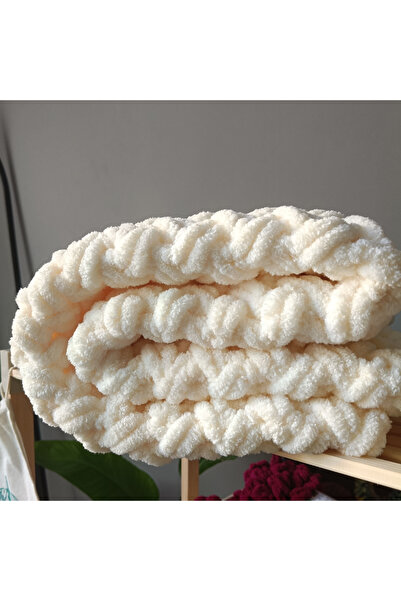 Elizi Atölyesi Alize Puffy Hand Knitted Beige Baby Blanket 90X90 cm