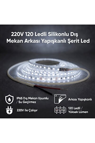 AC AYDINLATMA 220V 120 LED Dış Mekan Şerit LED Beyaz Işık Arkası Yapışkanlı S...