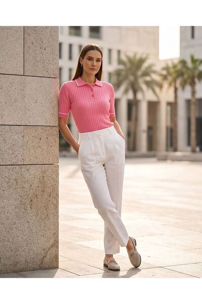 Trend Kapında Tricou tricotat de vară pentru femei, cu guler polo și mânecă s...