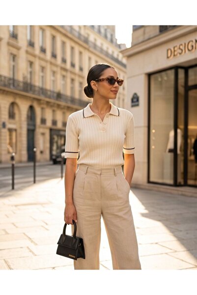 Trend Kapında Summer Polo Neck Short Sleeve Women's Knitwear T-Shirt