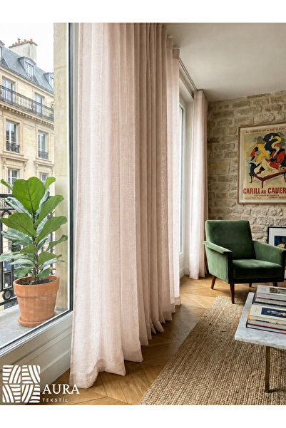 Fluiana Paris Keten Tül Perde |Pudra Keten Ekstrafor Büzgülü Pilesiz Düz Diki...