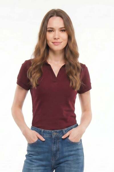 Tudors Kadın Slim Fit Dar Kesim Pamuklu Kısa Kollu Bordo Polo Yaka Tişört