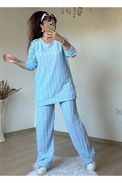 AZRA BUTİK Shoulder Gold Buttoned Suit Blue