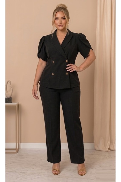 Butik Nilyam Women's Plus Size Double Breasted Collar Short Sleeve Button Det...