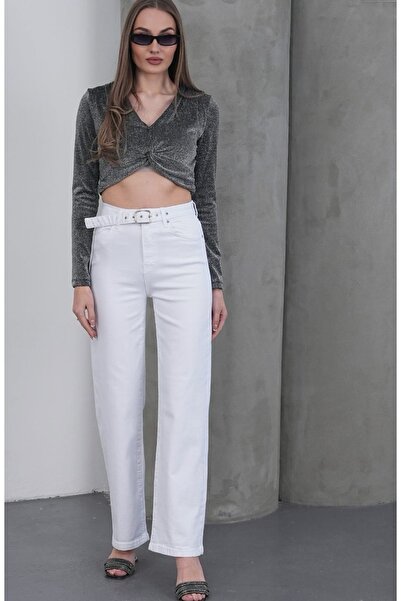 Budan Export Women's Belted High Waist Wide Leg Vintage Jeans