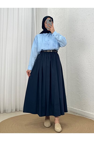 MİHRA STORE Seniha Gathered Double Pocket Belted Skirt-Pa203 Navy Blue