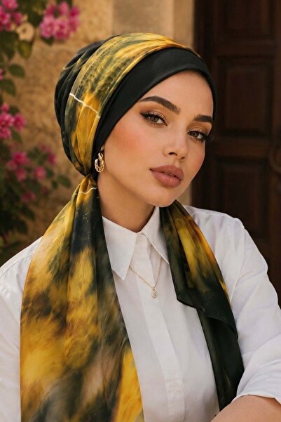 Aişe tesettür Khaki Mustard Batik Patterned Scarf Bonnet