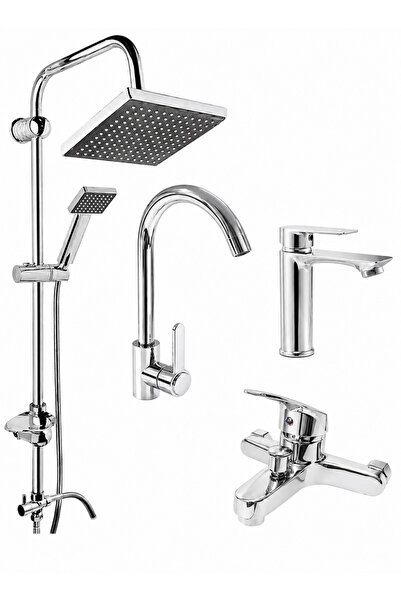 MUSLUQ Krom 4 parça banyo seti robot duş paneli mutfak bataryası lavabo muslu...