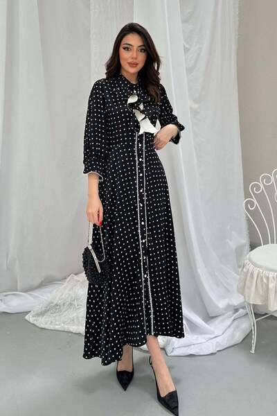 Caddebostan Moda Women's Long Dress with Front Pockets and Polka Dot Collar a...