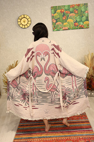 Befera Design Muslin Kimono 100% Cotton Flamingo Patterned Jacquard Bathrobe ...