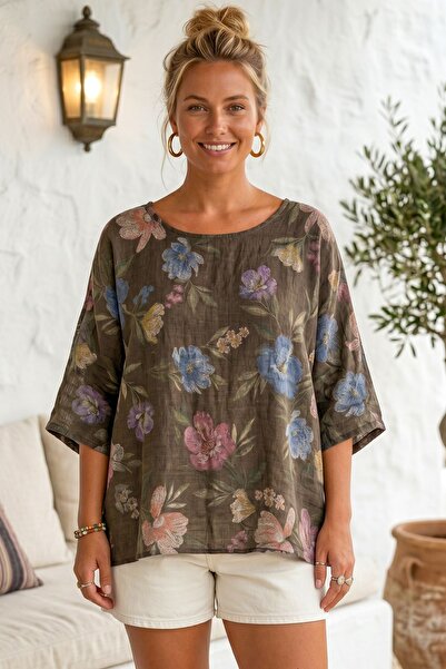Chiccy Italian Brown Pool Collar Short Sleeve Floral Printed Linen Look Overs...