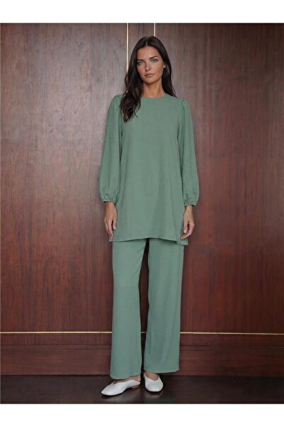 WeShaya Green Flexible Polyester Tunic Pants Bottom Top Set 6712 Double Set