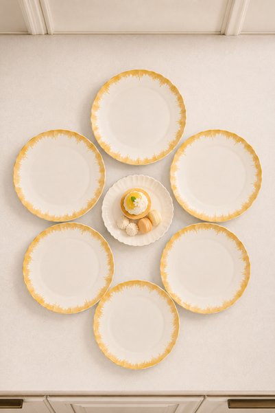 Sudedi Home Real Gold Gilded 6 Pieces 21 cm Wavy Cake Plate Dessert Presentation Set