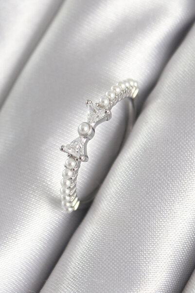 ETC Brass Silver Color Zircon Stone Ribbon Model Pearl Detail Women's Ring 58...