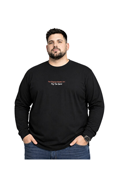 BattalModa Men's Large Size Black Cotton Printed Long Sleeve T-Shirt 5Xl-6Xl-...