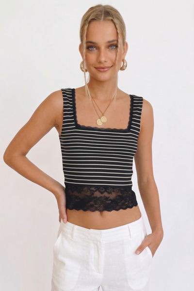 QBZ Lace-Detail Striped Crop Top