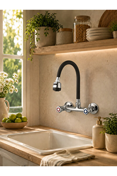 ELMİNA ARMATUR Movable Flexible Pipe Sink Faucet 2-Function Wall Mounted Kitc...