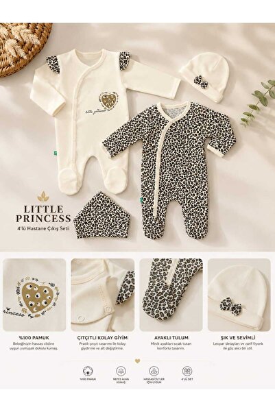 phokaia İncibaby Begisa 100% Cotton Leopard Pattern 4 Piece Baby Girl Romper ...