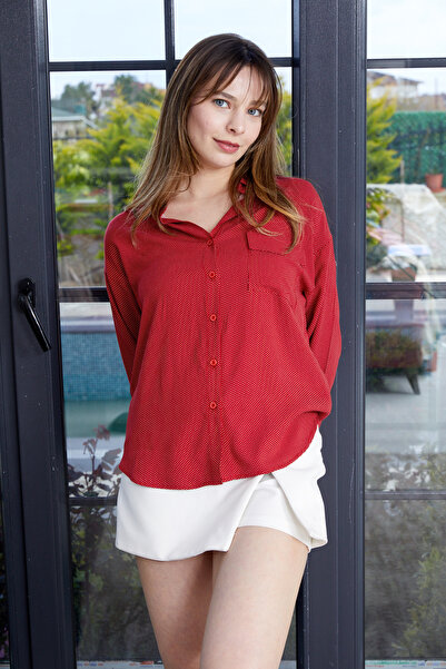 Nuevo Red Polka Dot Women's Shirt Long Sleeve Stylish Shirt with Pockets -