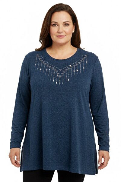hadiora Women's Indigo Collar Stone Embroidered Long Sleeve Combed Cotton Blouse