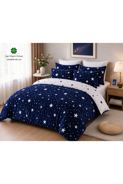 Pucioasa Luxury 6-piece bed linen, fitted sheet, blue with stars