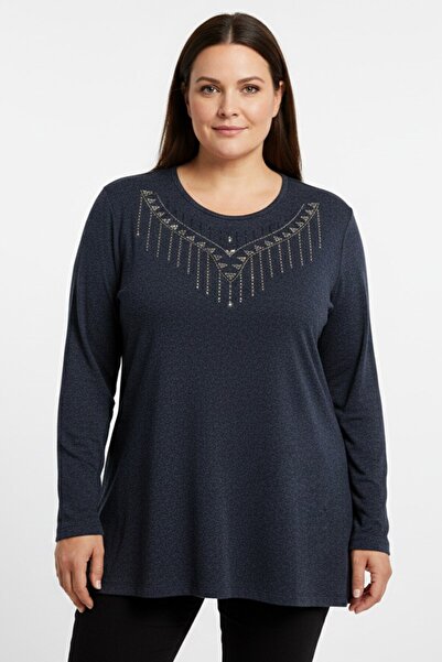 hadiora Women's Navy Blue Collar Stone Embroidered Long Sleeve Combed Cotton ...