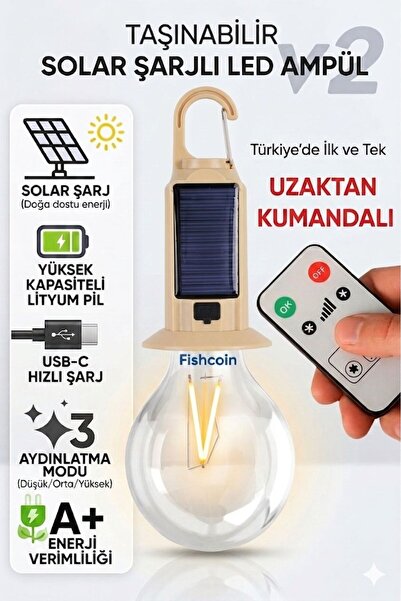 FİSHCOİN Taşınabilir Solar Şarjlı Led Ampül Kamp Lambası Led Gün Işığı