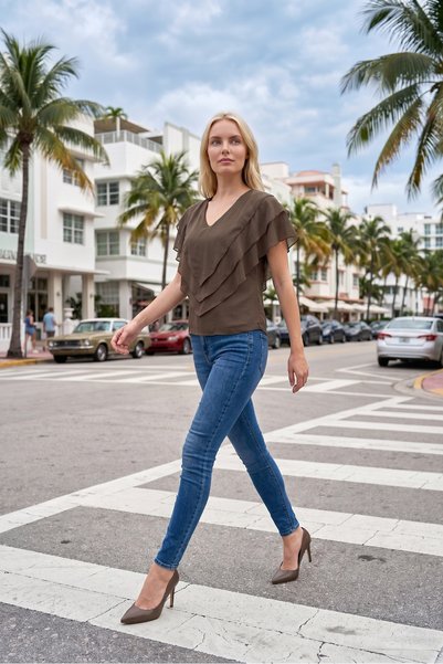 Romina Ciel Chiffon V-Neck Flounced Casual Women's Blouse
